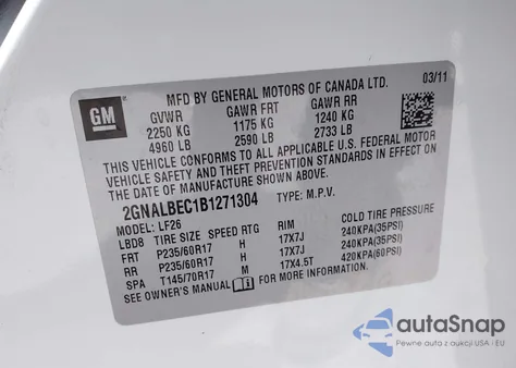 2011 Chevrolet Equinox Ls из США, поврежденный, VIN 2GNALBEC1B1271304